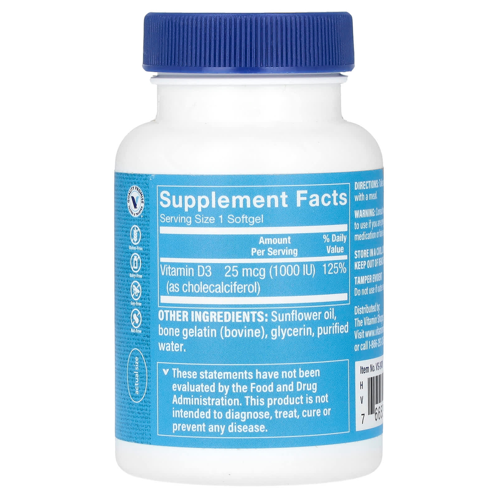 The Vitamin Shoppe, Витамин D3, 25 мкг (1000 МЕ), 200 мягких таблеток