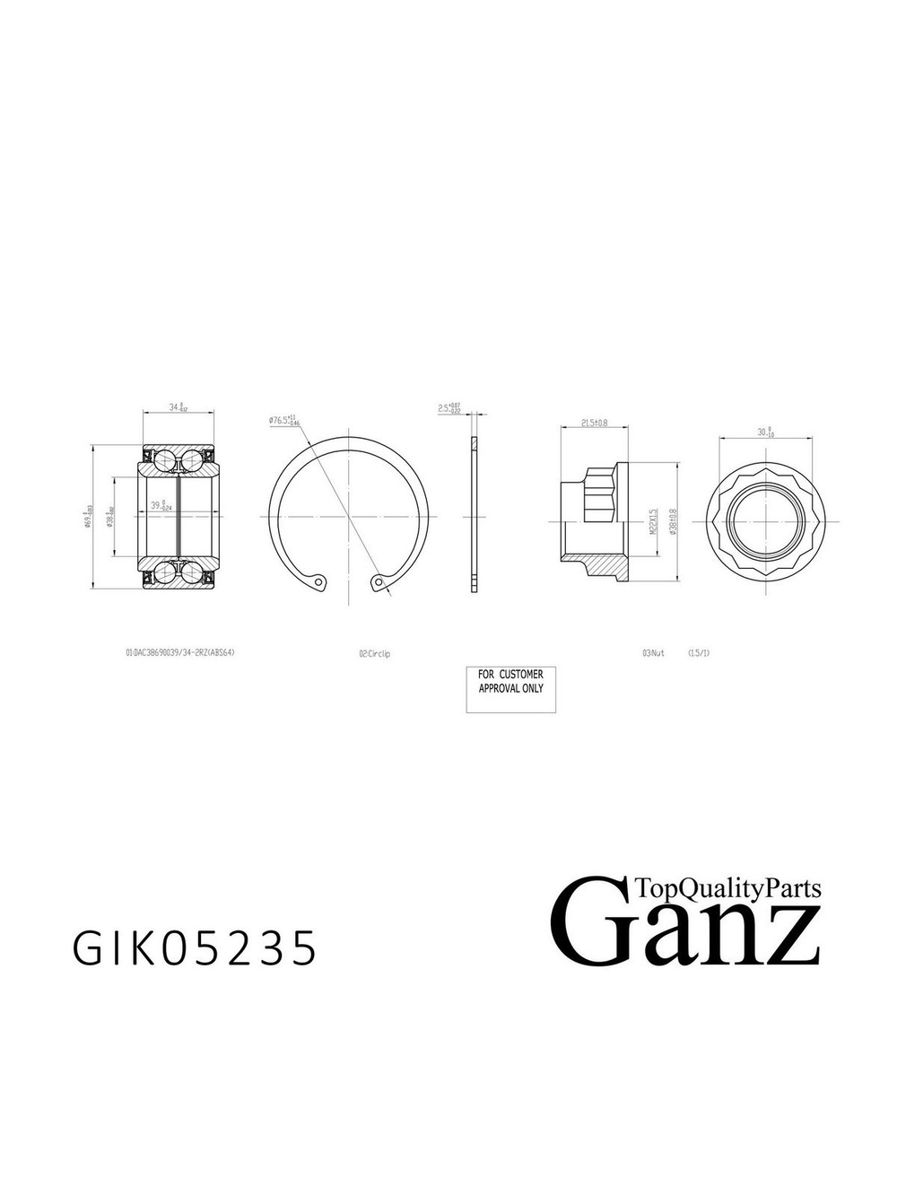 Подшипник ступицы передний CITROEN C1 05>, PEUGEOT 107 / 108 05>, TOYOTA Aygo GANZ GIK05235