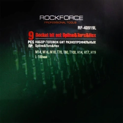 Набор головок-бит разнопрофильных Spline&amp;Torx&amp;Hex, 9 пр.(М14,М16,М18,Т70,Т80,Т100,Н14,Н17,Н19мм, L-100мм) 1/2'', на планке RockForce##Rock FORCE RF-40919L