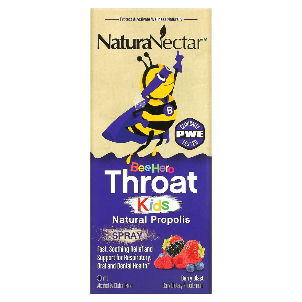 NaturaNectar, Bee Hero Throat Kids, натуральный прополис в спрее, ягодный вкус, 5 мг, 30 мл