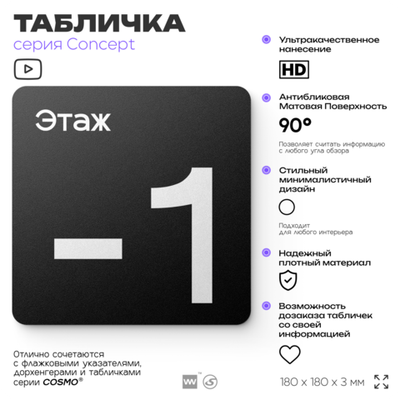 Табличка Этаж -1, на дверь и стену, навигационная и информационная, серия CONCEPT, 18х18 см, Айдентика Технолоджи
