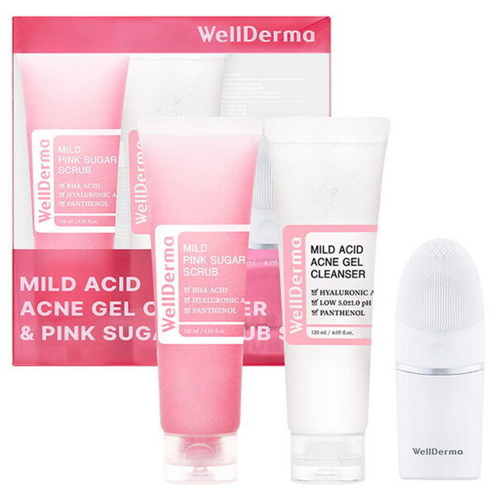 Слабокислотный набор для очищения кожи WellDerma G Plus Mild Acid Acne Gel Cleanser & Pink Sugar Scrub Set
