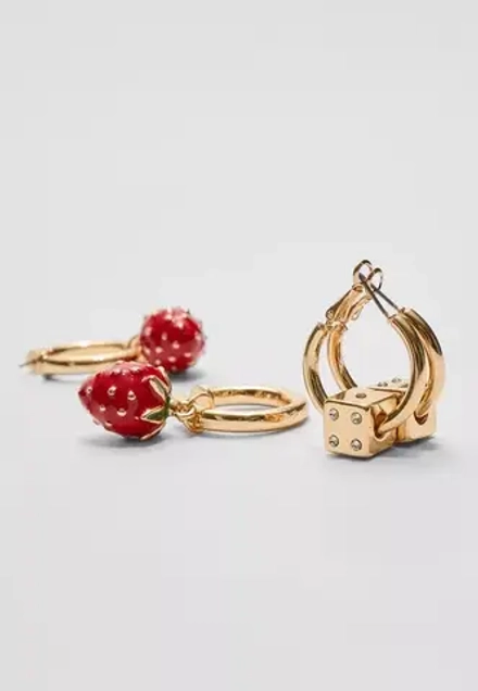 STRADIVARIUS Набор из 2 пар сережек с подвеской клубники и кубиков, золотой