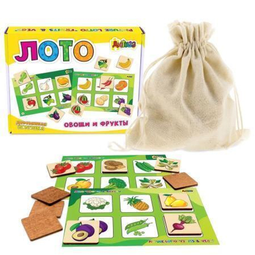 Лото Овощи и фрукты 48 деревянных фишек + 8 карточек + мешочек И