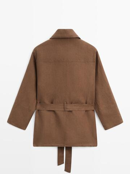 Massimo Dutti Льняной блейзер с карманами и поясом, коричневый