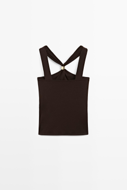 Massimo Dutti Топ с горловиной халтер и бретелями со стразами, коричневый