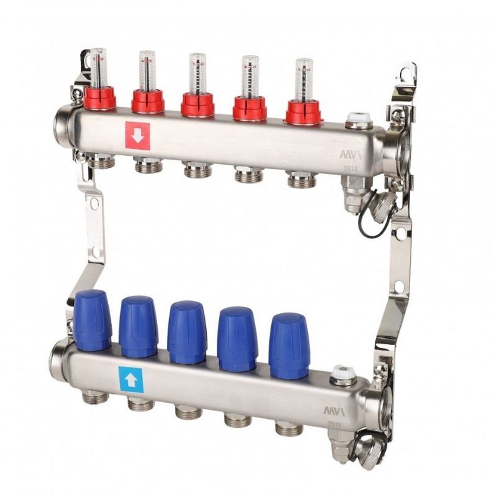 Блок коллекторный MVI из нержавеющей стали DN 25-5 выходов G 3/4, с расходомерами, с дренажным краном и воздухоотводчиком, евроконус, MS.705.06