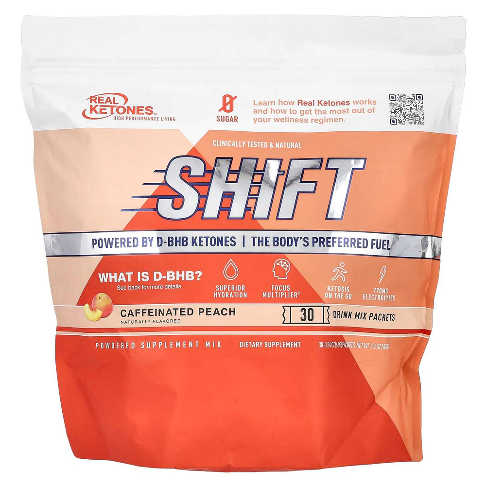 Real Ketones, Shift, персик с кофеином, 30 пакетиков смеси для приготовления напитка, 6,9 г (0,24 унции)