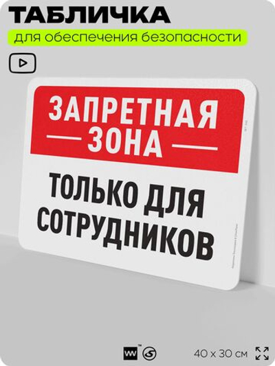 Табличка для обеспечения безопасности "Запретная зона, только для сотрудников", для офиса, по охране труда для предприятия, организаций, 40х30 см, Silver Plane x Айдентика Технолоджи