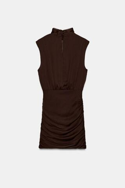 ZARA МИНИ-ПЛАТЬЕ СО СБОРКАМИ, КОРИЧНЕВЫЙ