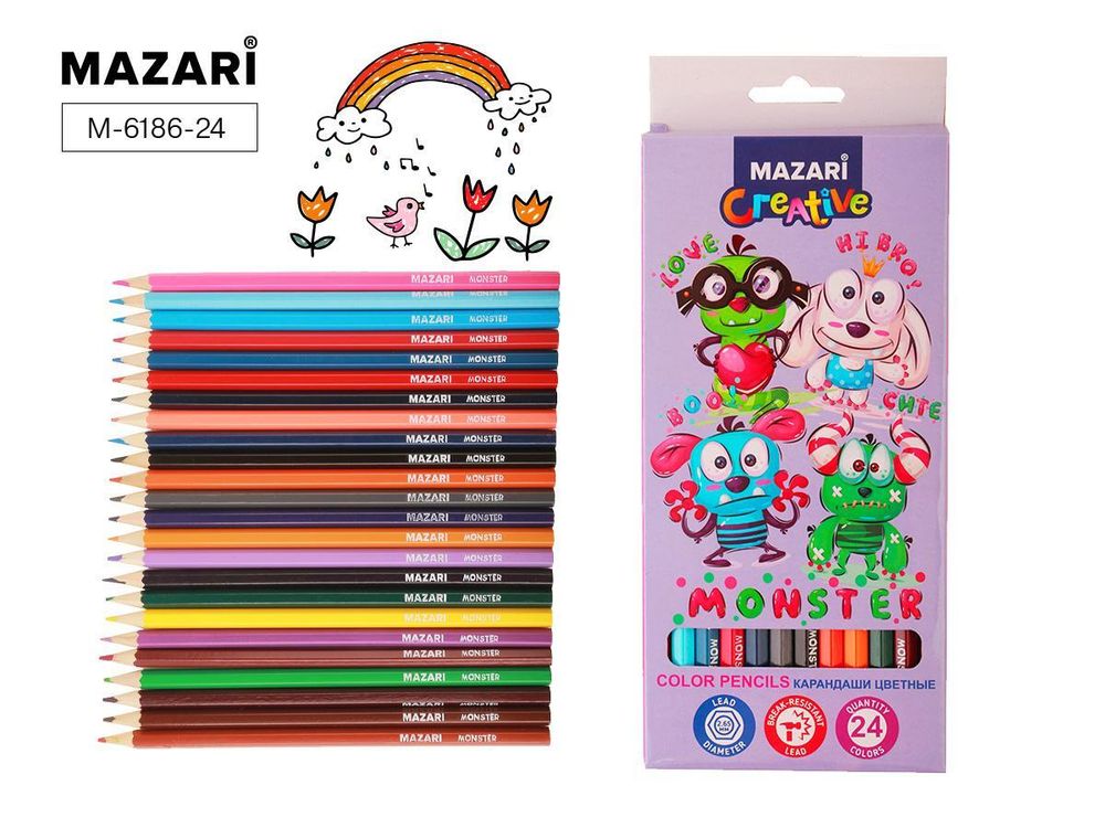 Карандаши 24цв. деревянные &quot;Monster&quot; шестигран. d грифеля = 2.65 мм, коробка с европодв. (Mazari)