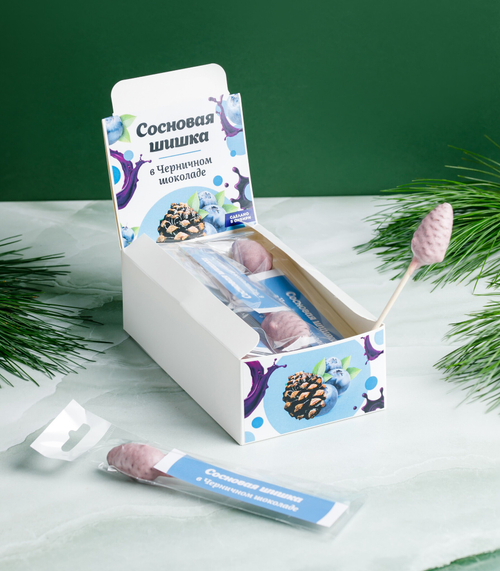 Сосновая шишка на палочке  в Черничном шоколаде / шоу-бокс / 187 гр / 15 шт / Солнечная Сибирь