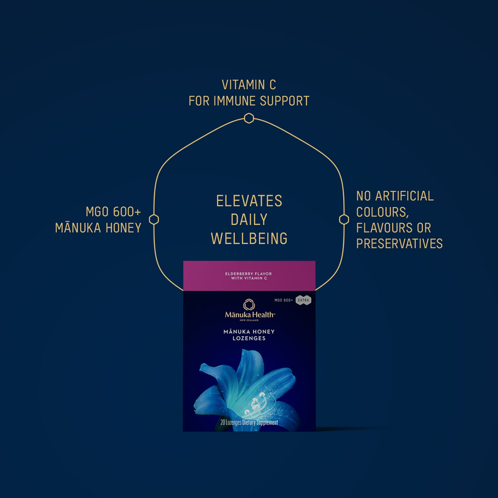 Manuka Health, леденцы с медом манука, со вкусом бузины, MGO 600+, 20 леденцов