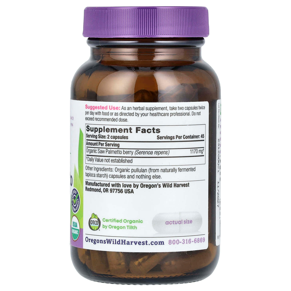 Oregon's Wild Harvest, Organic Saw Palmetto, 90 органических веганских капсул (585 мг на капсулу)