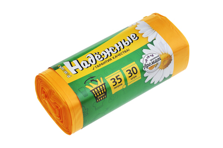 Мешки для мусора Надежные 35л 30 шт/уп 12мкм 50смх60см желтые с ушками вес рулона 200г вес мешка 6.66г ПСД дно плоское со швом без боковых фальцев Ромашка ВЛ-040-30