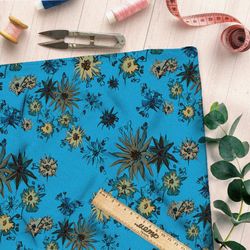 Ткань габардин дикие цветы горчичного оттенка