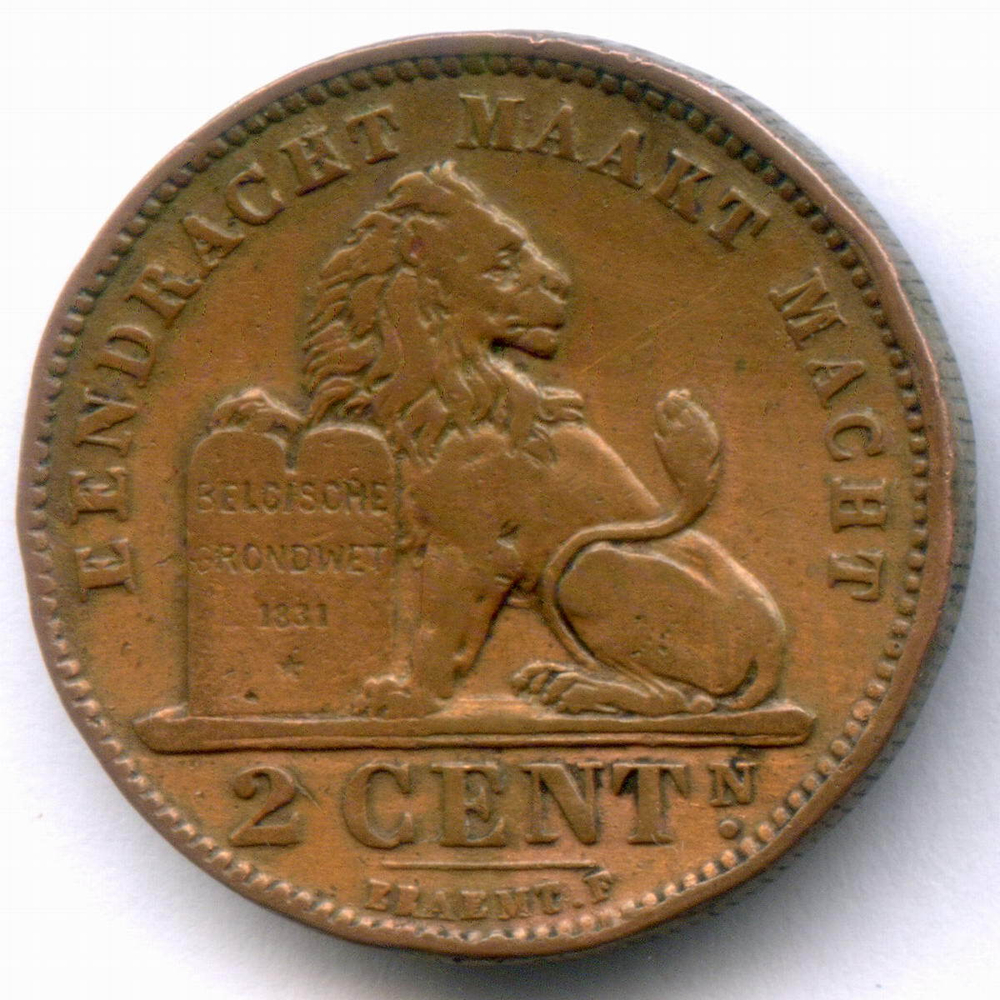 2 сантима 1902 год. Бельгия (Леопольд II). Надпись на голландском - DER BELGEN. Медь, диаметр 21.5 мм. VF-XF