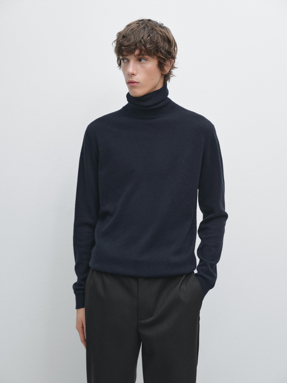 Massimo Dutti Свитер из шерстяной пряжи с воротником-стойкой, темно-синий