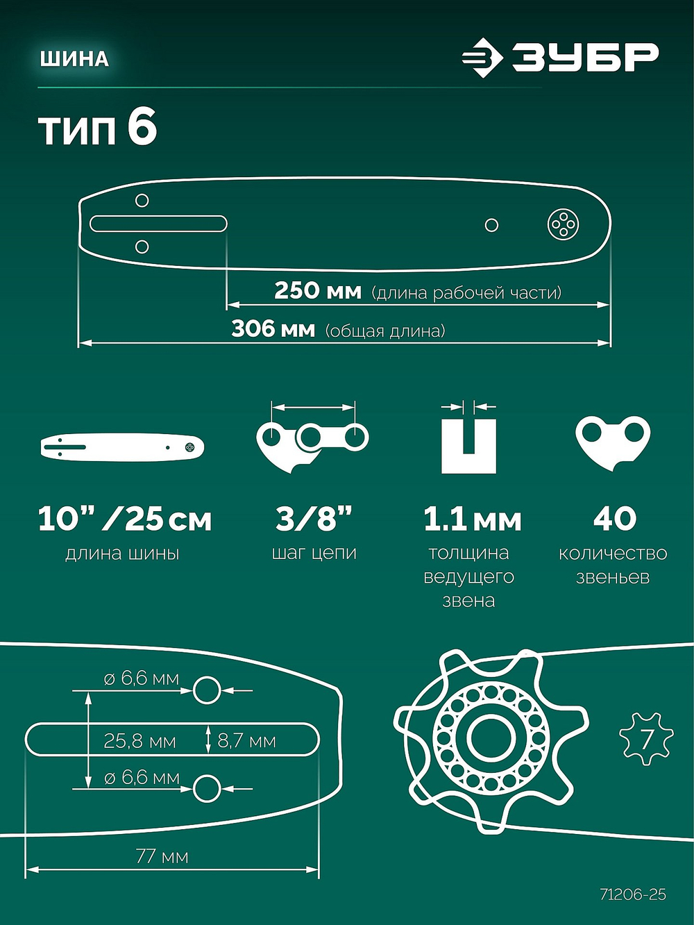 ЗУБР тип 6, 25 см, шаг 3/8″, паз 1.1 мм, 40 звеньев, шина (71206-25)