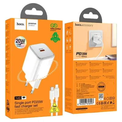 Сетевое зарядное устройство Hoco (N40) Mighty Single port Type-C/PD20W+QC3.0 charger (EU) + кабель Lightning (белый)