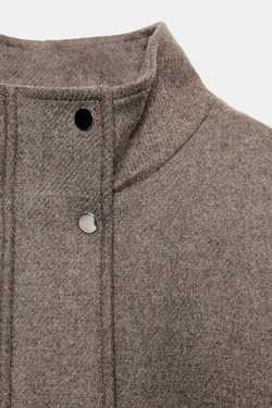 ZARA КОРОТКОЕ ПАЛЬТО ИЗ СМЕСОВОЙ ШЕРСТИ С ПОЯСОМ, ТЕМНЫЙ СЕРО-КОРИЧНЕВЫЙ