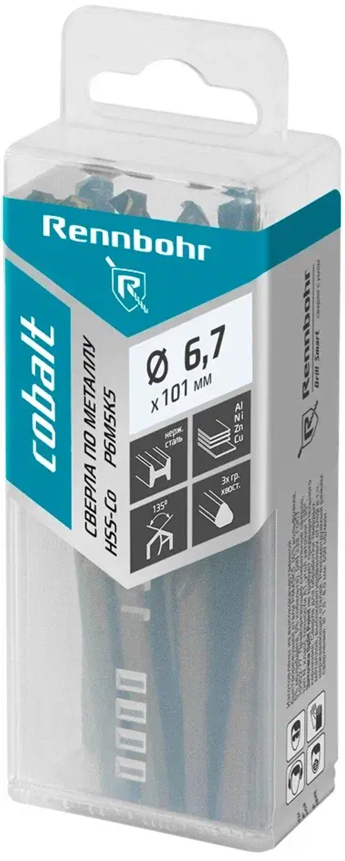 Сверло по металлу, 3х гр. хвост, 6,7х101мм, HSS-Co, Р6М5К5, 10шт/уп RENNBOHR COBALT PROM