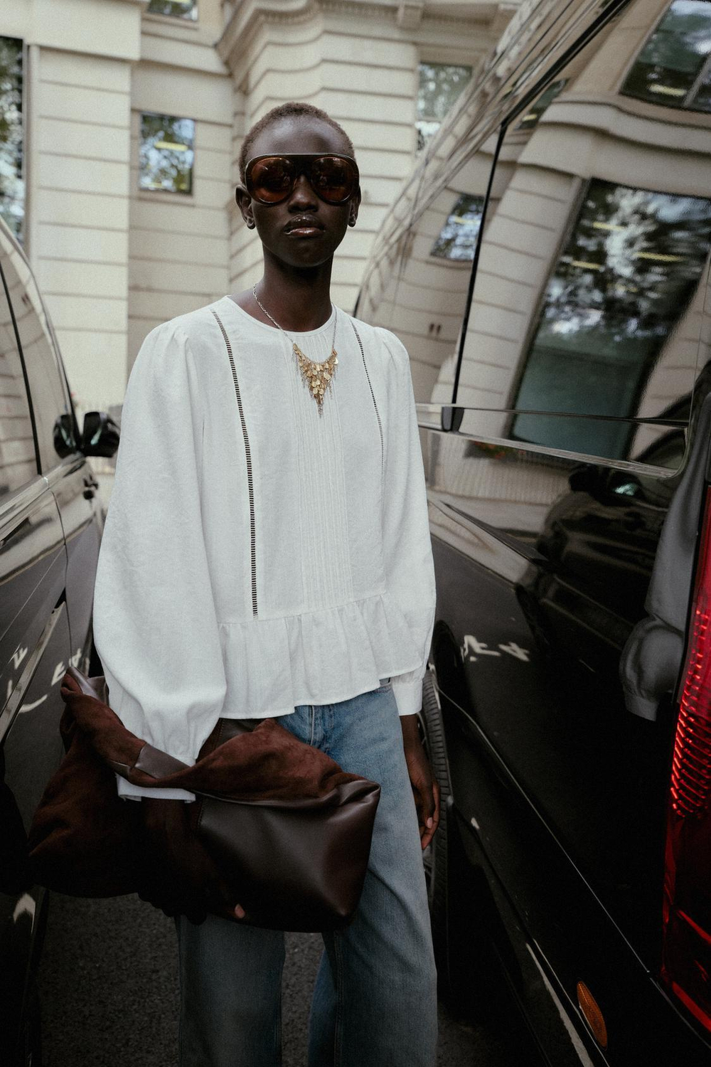 ZARA БЛУЗА С КРУЖЕВОМ И БАСКОЙ, ЖЕЛТОВАТО-БЕЛЫЙ