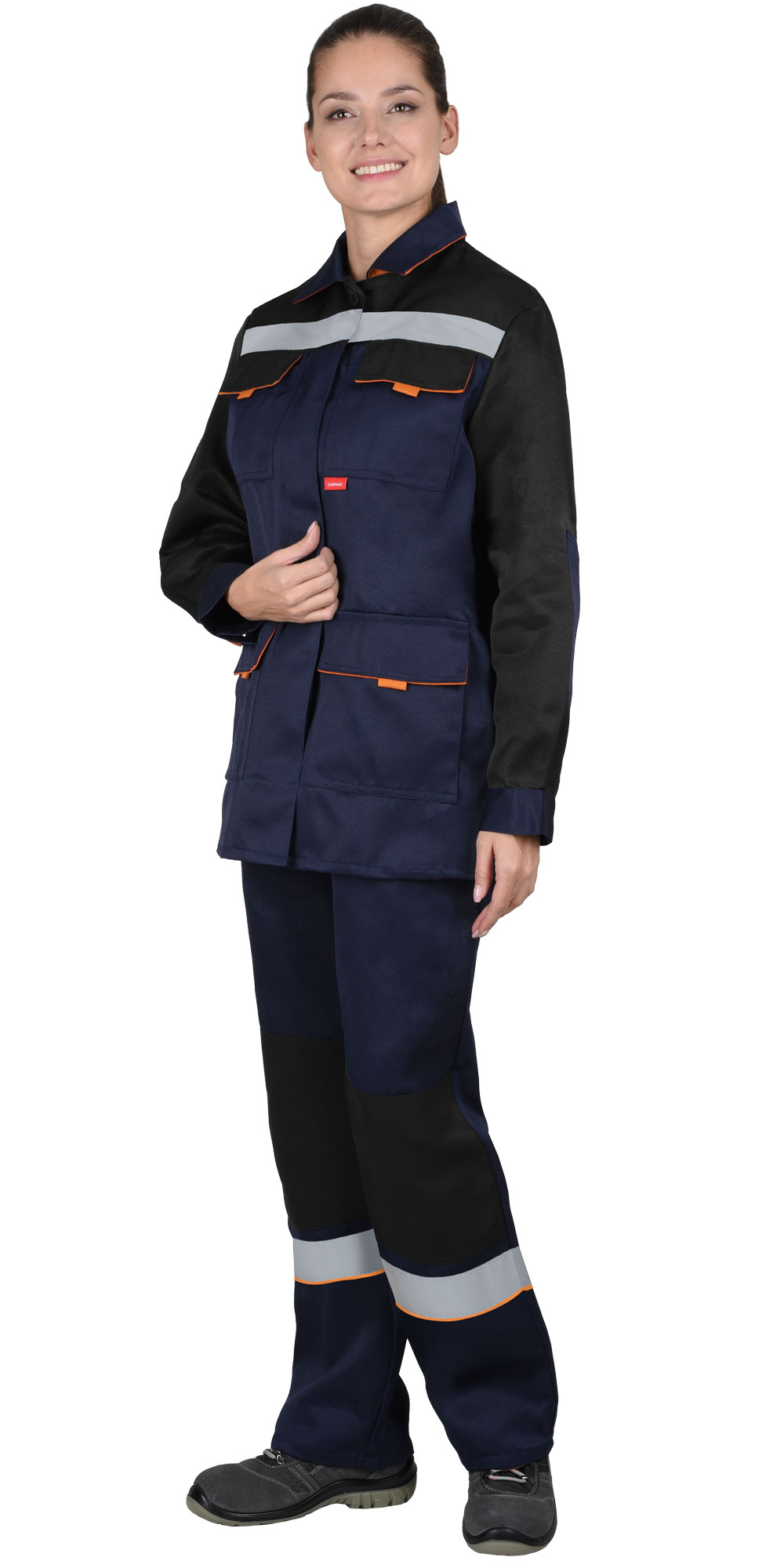 Костюм УДАРНИЦА женский, куртка, п/к, темно-синий с черным с оранжевой отделкой и СОП