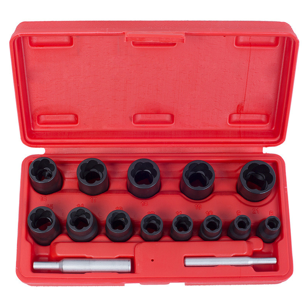 МАСТАК (109-30015C) Набор торцевых головок для поврежденных гаек и болтов, 8-21 мм, кейс, кейс, 15 предметов