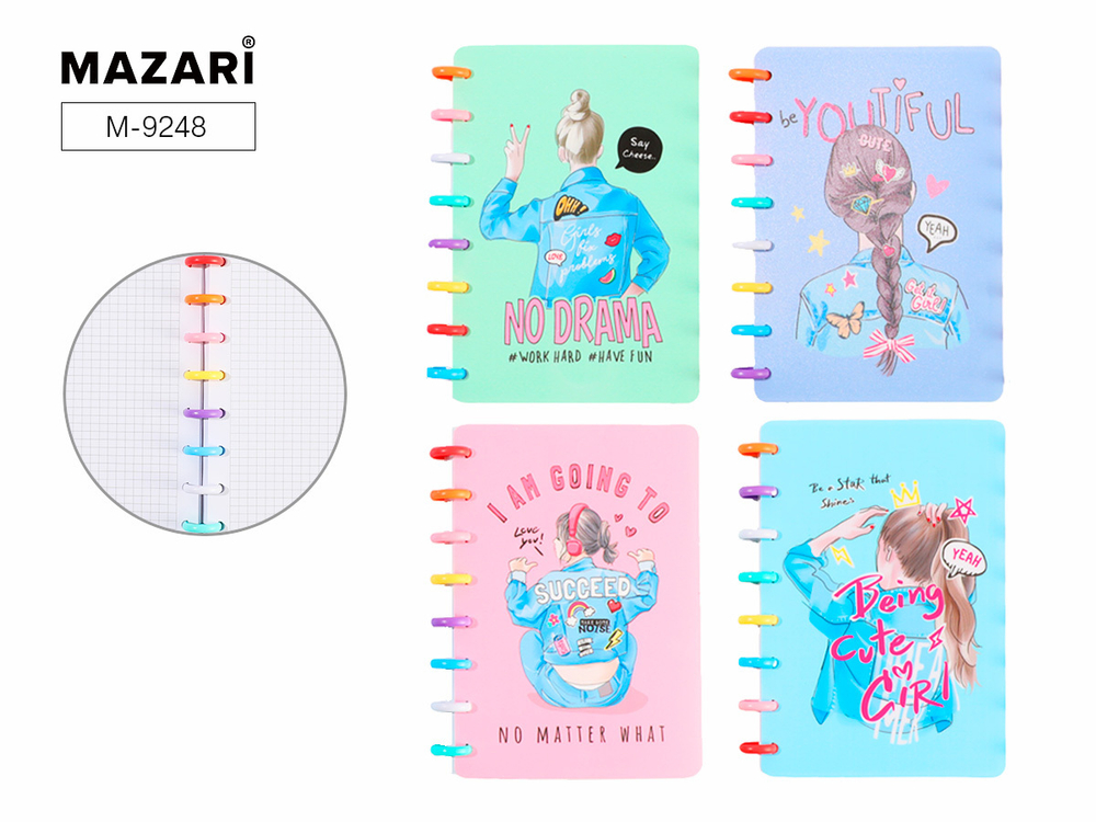 Блокнот А6 пласт.обл., на кольцах 80л "Девчонки" кл., 4 диз.