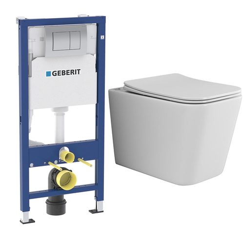 Комплект подвесной безободковый унитаз Ceramica Nova Cubic Rimless CN1806 36 x 53 x 37 см с сиденьем Soft Close + инсталляция Geberit Delta 458.163.21.1 с панелью смыва, хром глянцевый