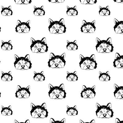 Узор из собак породы хаски, нарисованных от руки чернилами в дудл стиле.