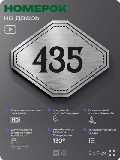 Номерок на дверь квартиры 435, для кабинета, офиса, шильдик 9 х 7 см, брашированная сталь, Айдентика Технолоджи