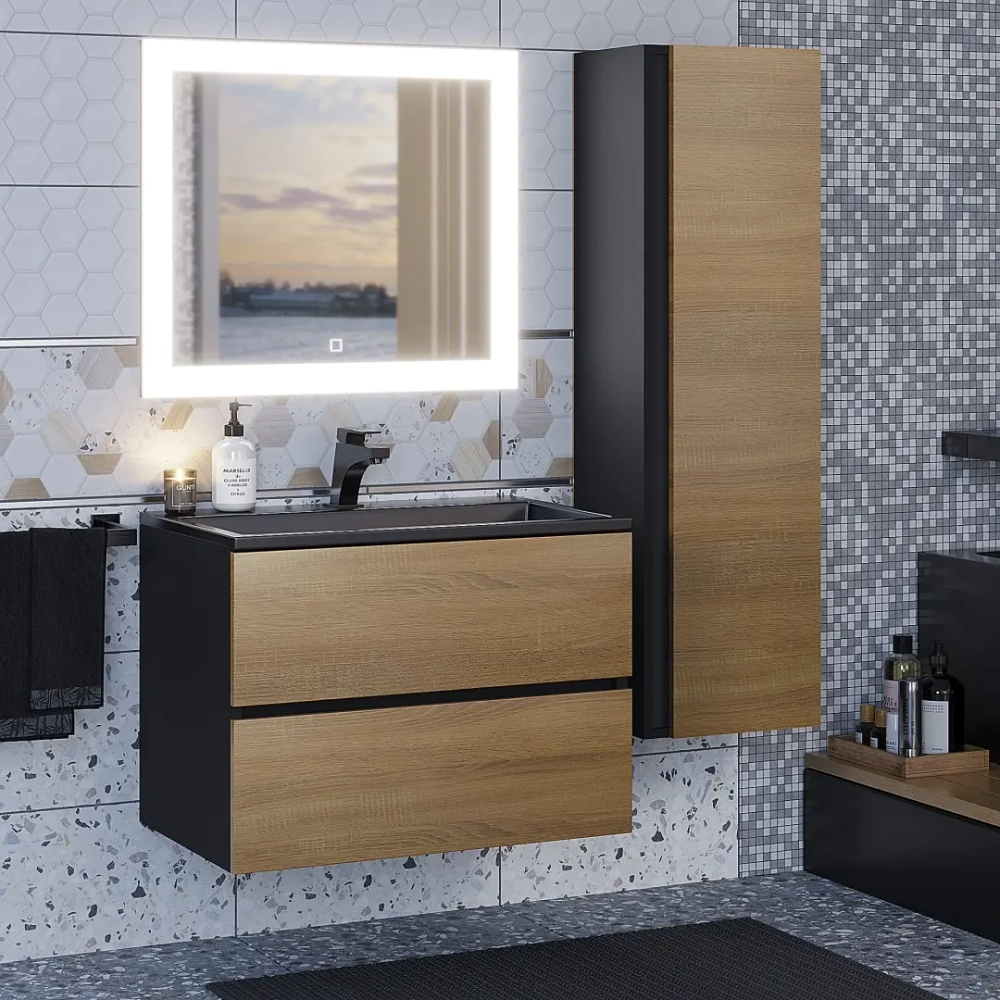Тумба с раковиной Uperwood Barsa 70 см, раковина черная глянцевая, подвесная тумба черная/дуб сонома
