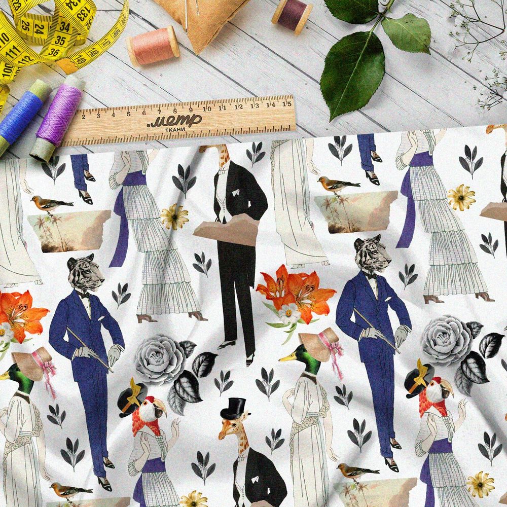 Ткань дюспо галантные люди с головами животных