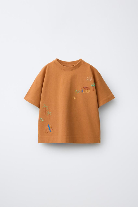 ZARA ФУТБОЛКА С ВЫШИВКОЙ, ОХРА