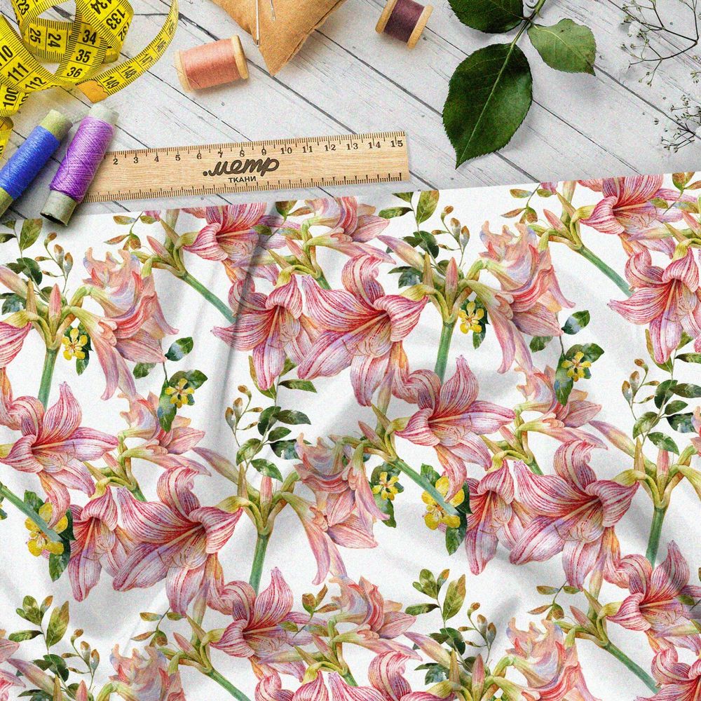 Ткань лён розовые лилии и мелкие жёлтые цветы