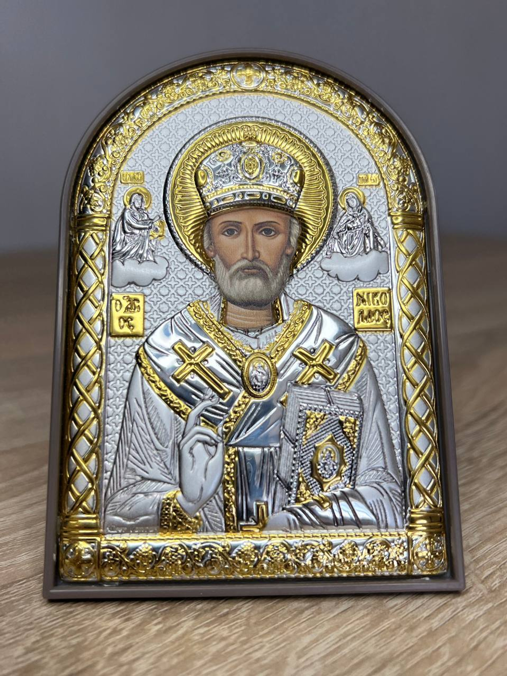 Николай Чудотворец, икона арочная, пластик коричневый 80х115