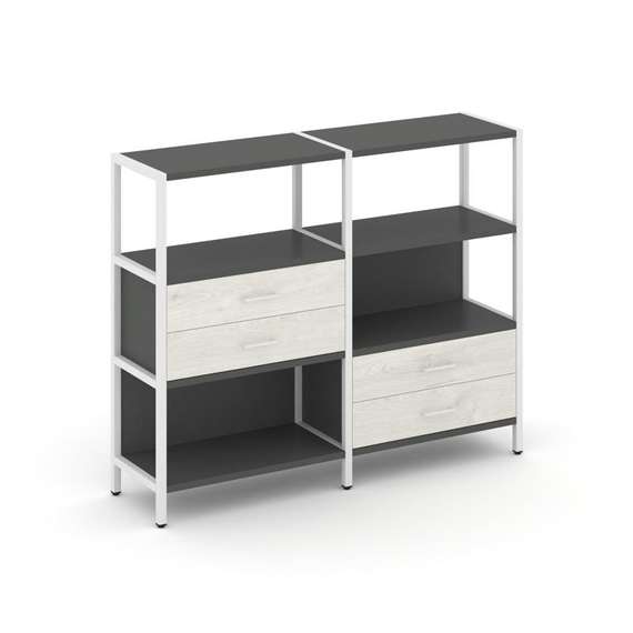 Shelf System Двухсекционный стеллаж трехярусный с ящиками SN.STM-323 Антрацит/Дуб Наварра/Металл Бел