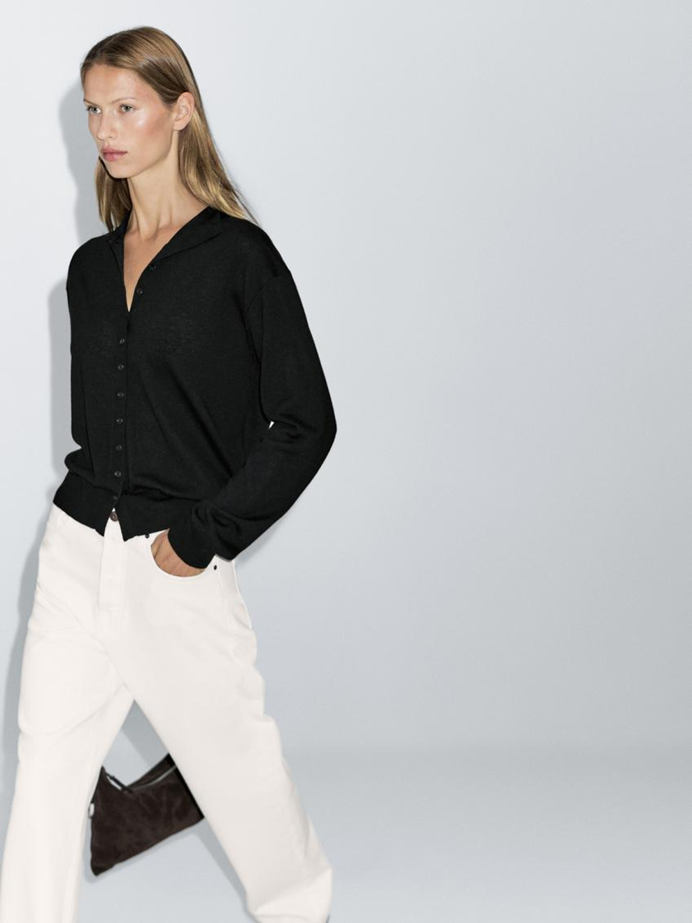 Massimo Dutti Вязаный кардиган с воротником-стойкой, черный