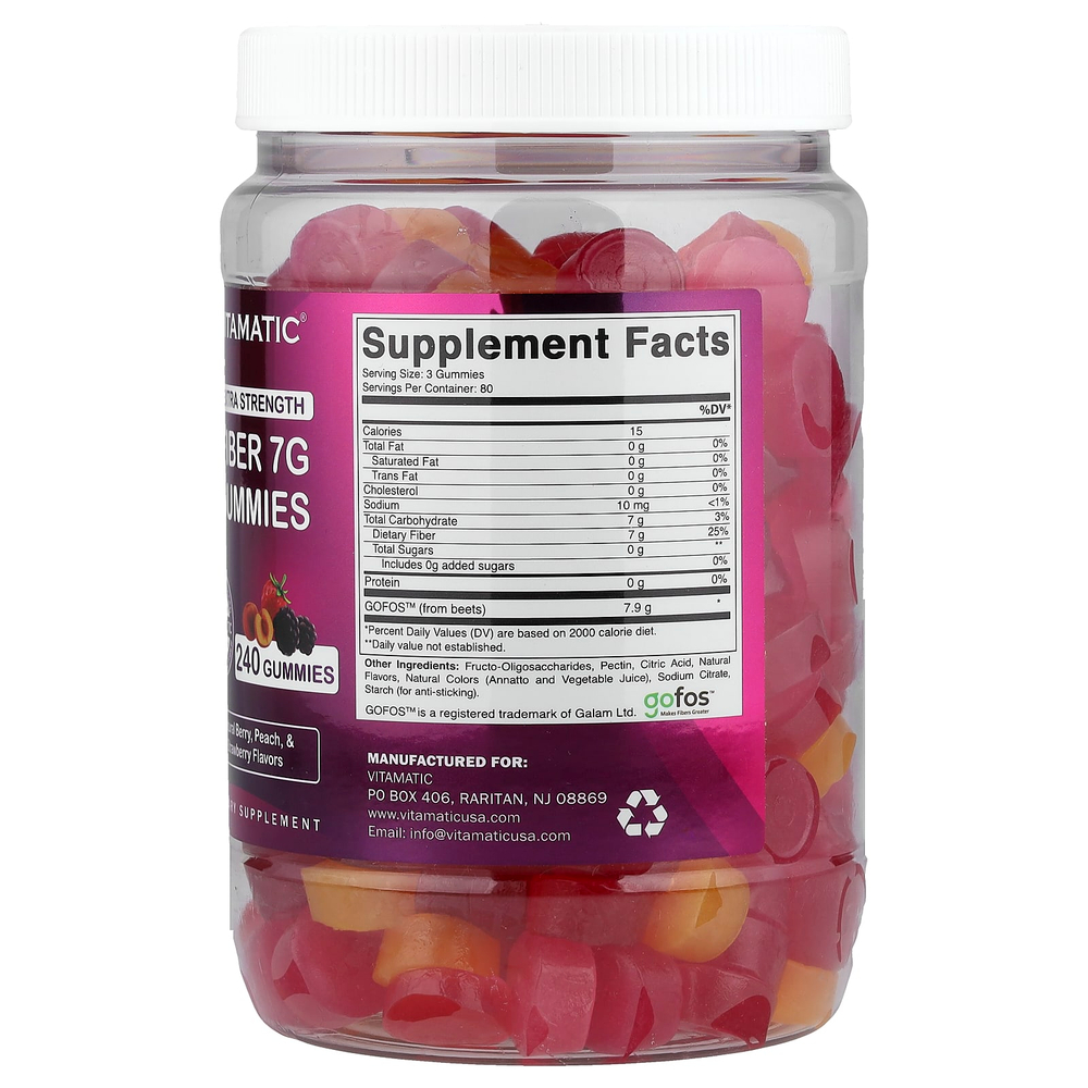 Vitamatic, жевательные мармеладки с клетчаткой, со вкусом натуральных ягод, персика и клубники, 240 жевательных таблеток