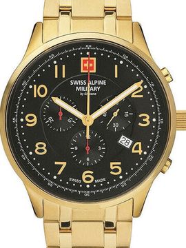 С браслетом Мужские наручные часы с золотым браслетом Swiss Alpine Military 7084.9117 Chronograph 43mm 10ATM
