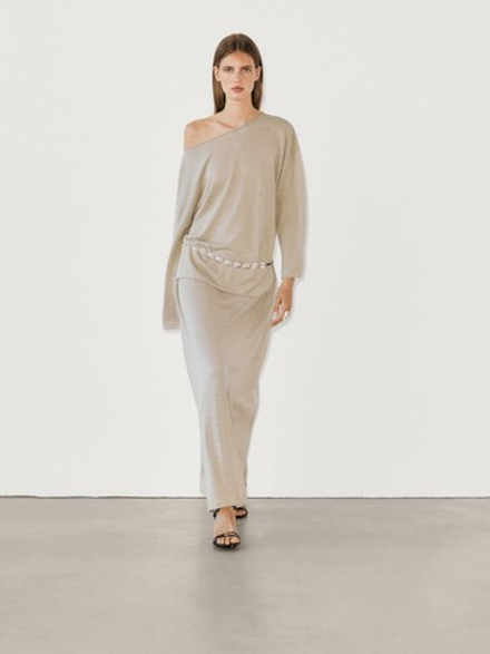 Massimo Dutti Юбка миди из смесового льна с завязками, зеленоватый