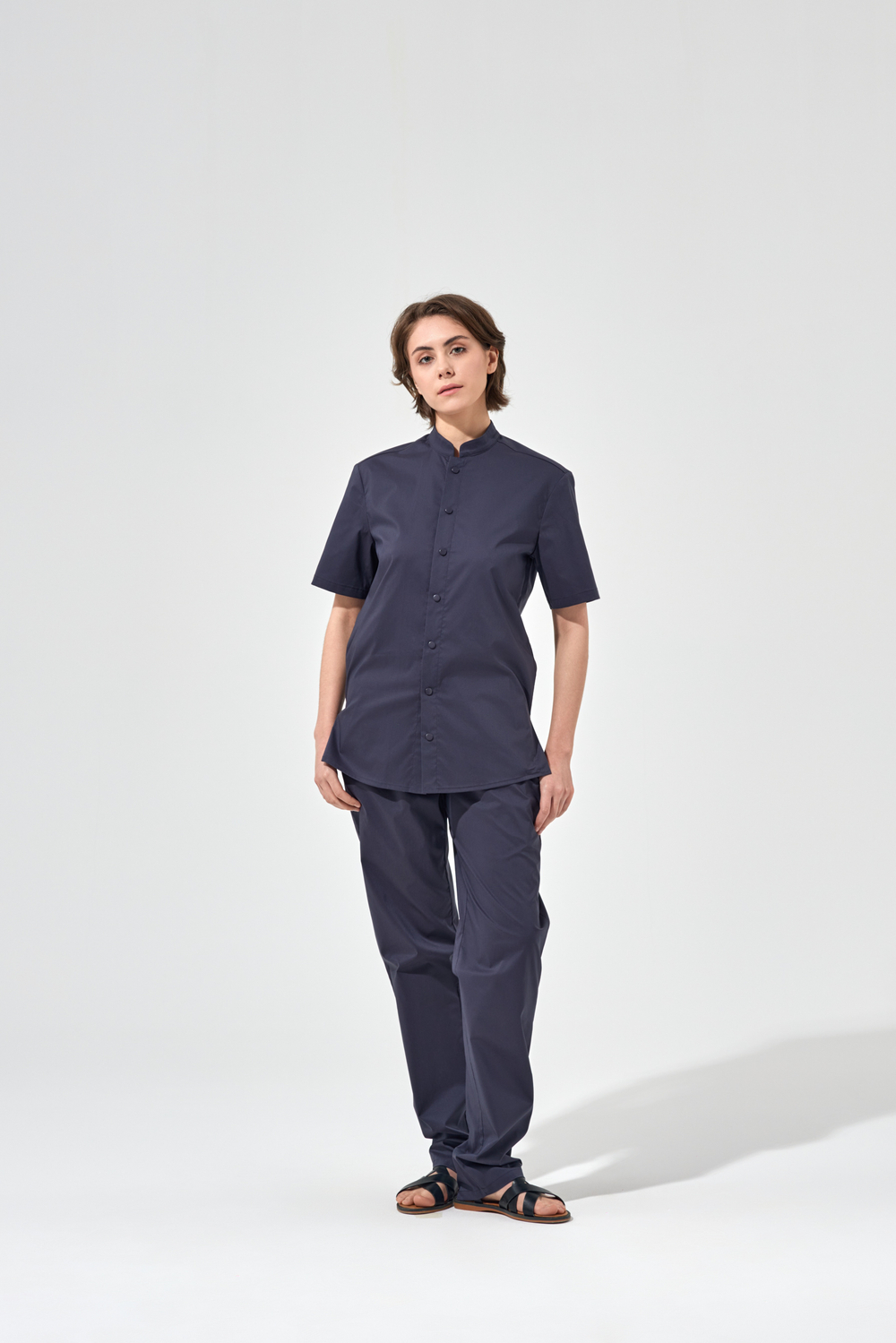 Рубашка китель с прямой застежкой темно-серая, короткий рукав