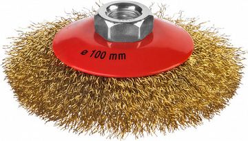 Щетка MIRAX коническая дл УШМ, витая стальная латунир.0,3мм д100 мм 35143-100