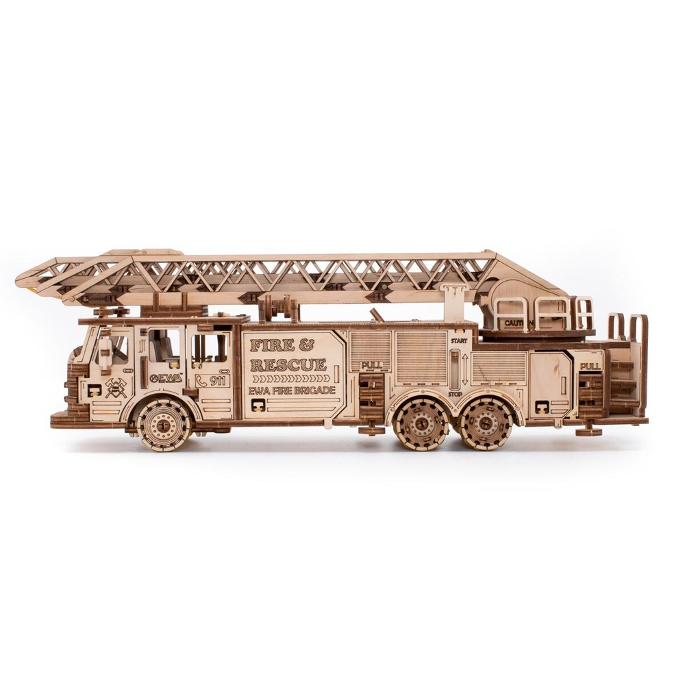 Пожарная машина с выдвижной вращающейся лестницей от EWA - Деревянный конструктор, сборная модель, 3D пазл