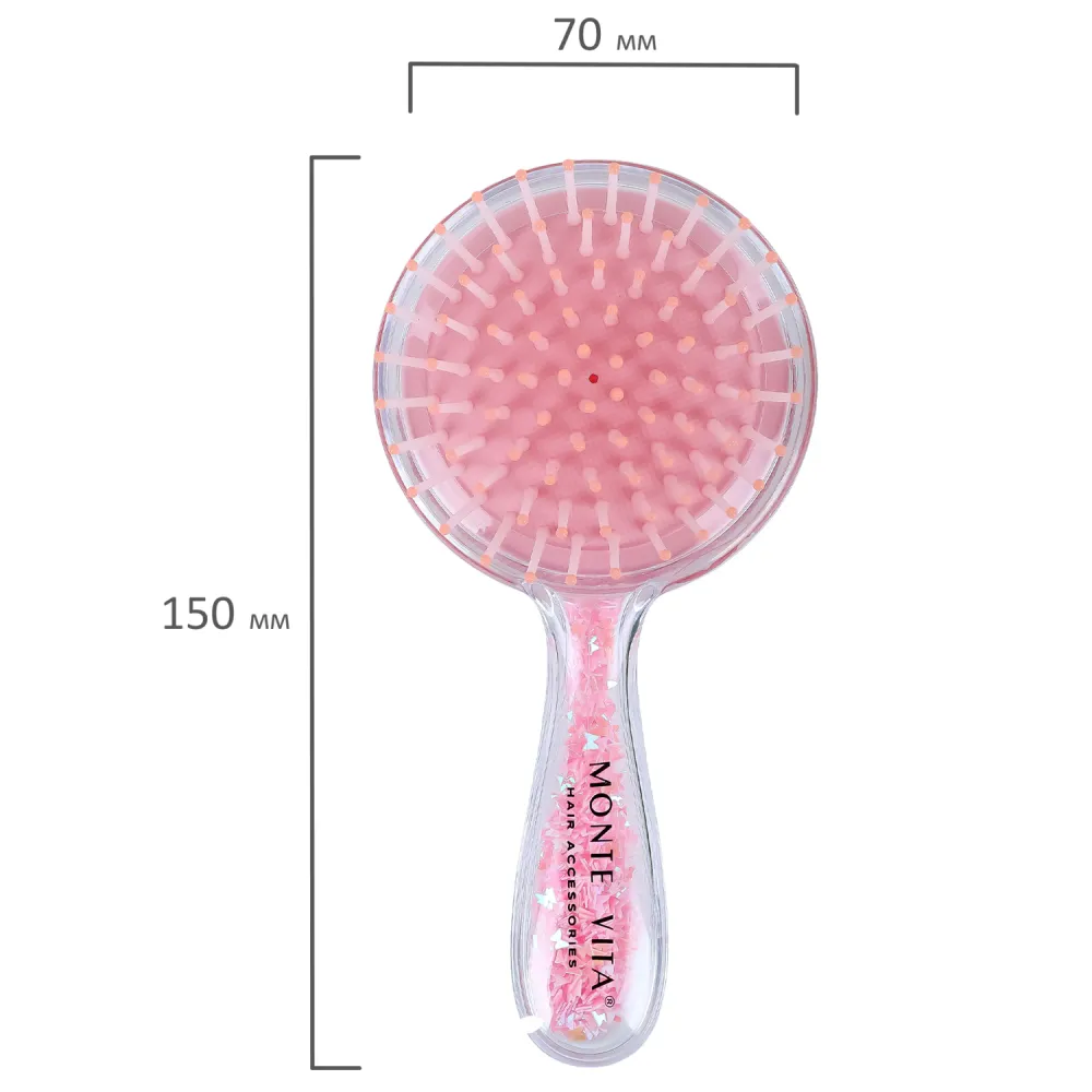 Расческа для волос массажная 15х7 см, с блестками прозрачный/розовый, MONTE VITA (МОНТЕ ВИТА), 457424