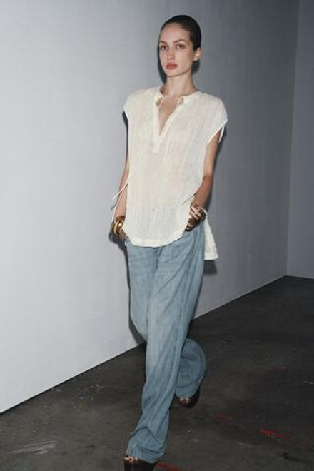 ZARA ЛЬНЯНАЯ БЛУЗА С ЗАВЯЗКАМИ — ZW COLLECTION, ЖЕЛТОВАТО-БЕЛЫЙ