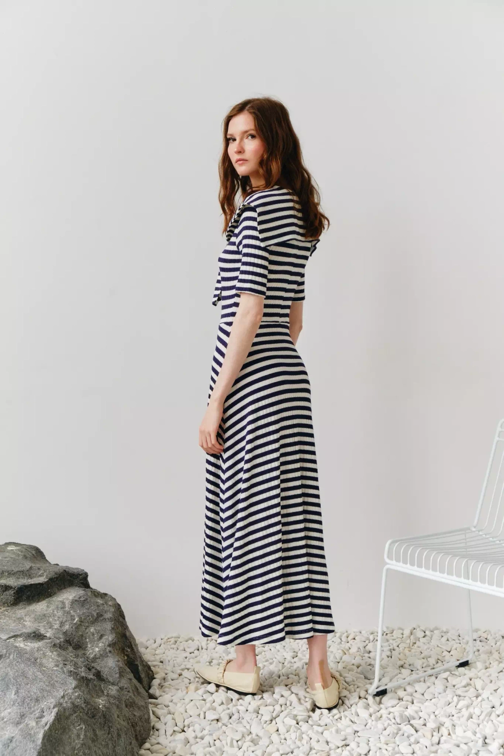 Платье макси с морским воротником в полоску