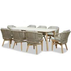 Комплект уличной мебели Mali из массива эвкалипта и травертина, стол 225х100 см, 8 стульев